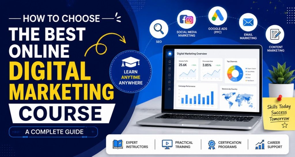 Professional digital marketing course banner featuring a laptop with marketing analytics dashboard, SEO, social media marketing, Google Ads, email marketing, content marketing icons, and educational elements.