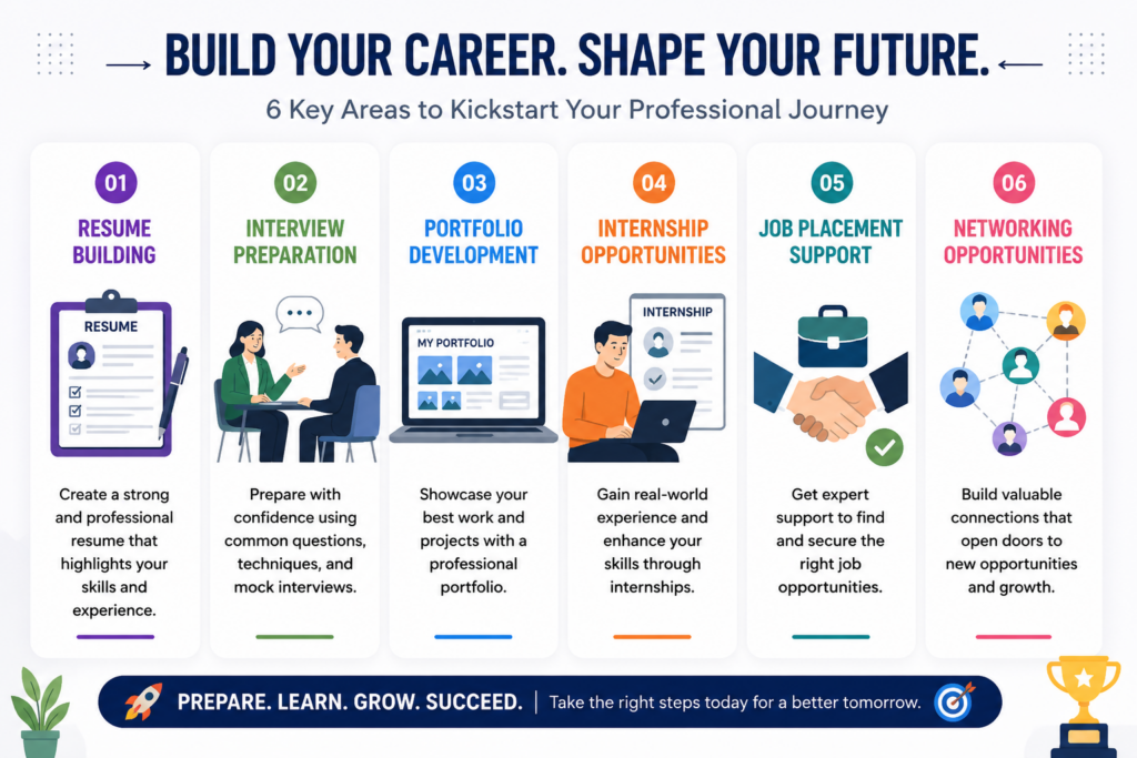 Career development infographic showing resume building, interview preparation, portfolio development, internship opportunities, job placement support, and networking opportunities for students and professionals.