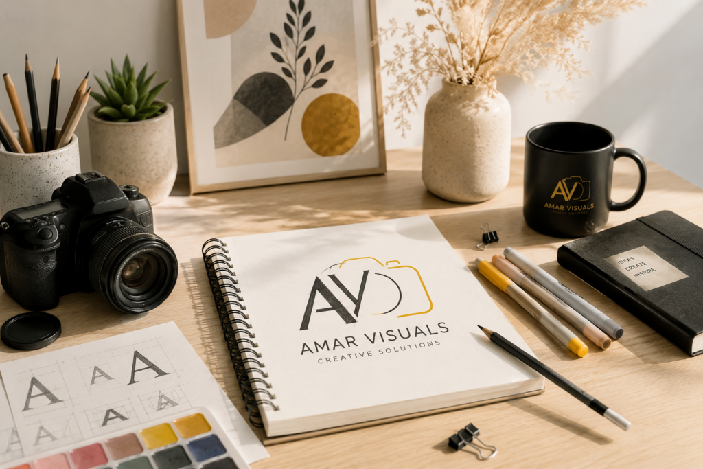 A modern creative workspace featuring the Amar Visuals logo, a professional camera, sketchbook, design tools, color swatches, and creative accessories on a clean wooden desk, representing graphic design, branding, photography, and digital creative services.